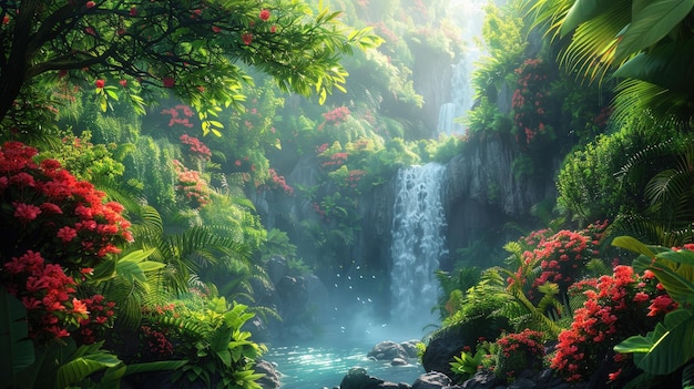 Enchanted Waterfall in Lush Tropical Rainforest Landscape