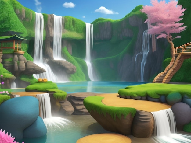 Enchanted Waters CartoonStyle Fantasy Landscape with Waterfall