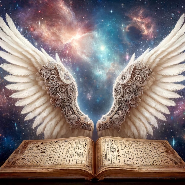 Enchanted Wings and Ancient Tome in Cosmic Splendor