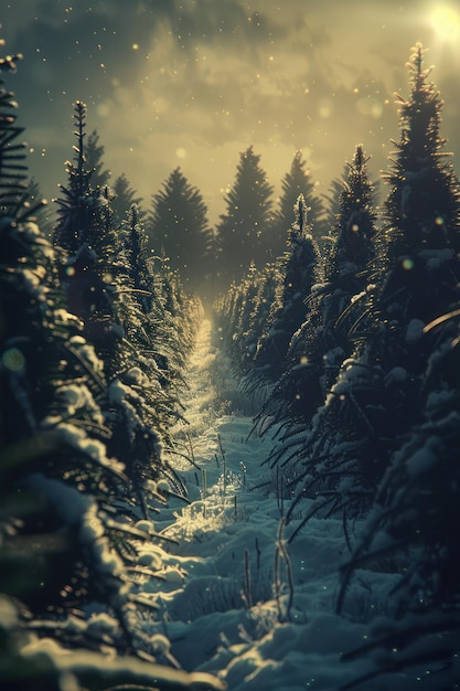 Enchanted Winter Forest Path at Sunset Serene Snow Covered Trees Mystical Light Peaceful Nature