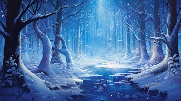 Enchanted winter forest with glowing trees