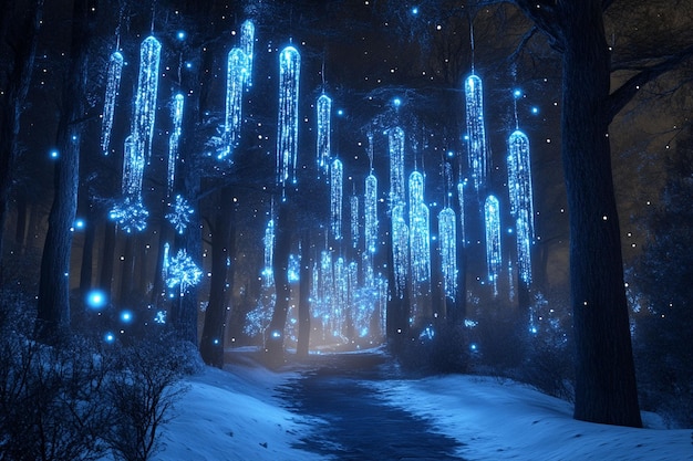 An enchanted winter forest with glowing