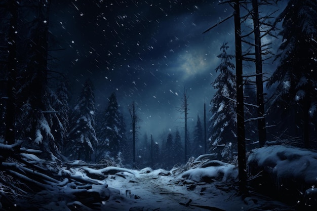 Enchanted winter night in a snowy forest