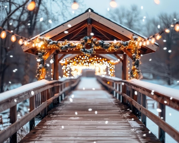 Enchanted Winter Wonderland SnowCovered Bridge Adorned with Festive Holiday Lights A Magical