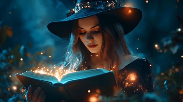 Photo enchanted witch reading magical book sparking light forest night