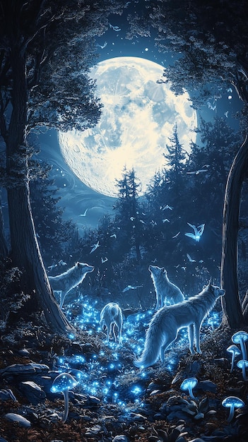 Enchanted Wolf Pack Under a Full Moon