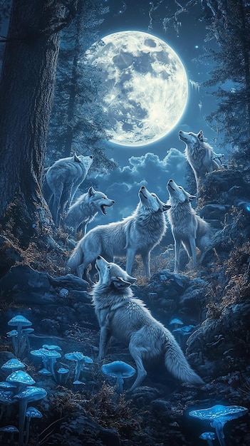 Enchanted Wolf Pack Under a Full Moon