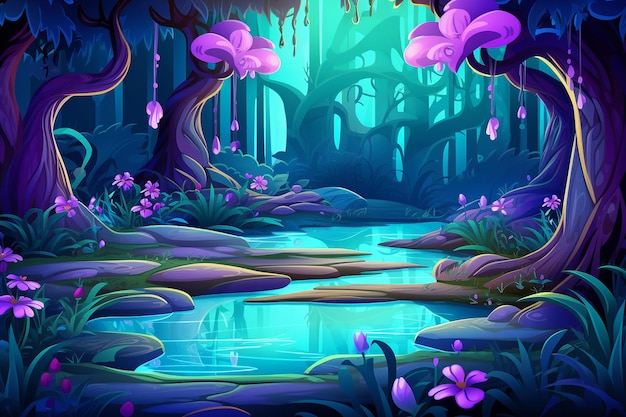 Enchanted woodland with glowing fireflies and shimmering pools