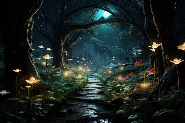 Enchanted Woods Illuminated Pathways Through a Mystical Shadowy Forest