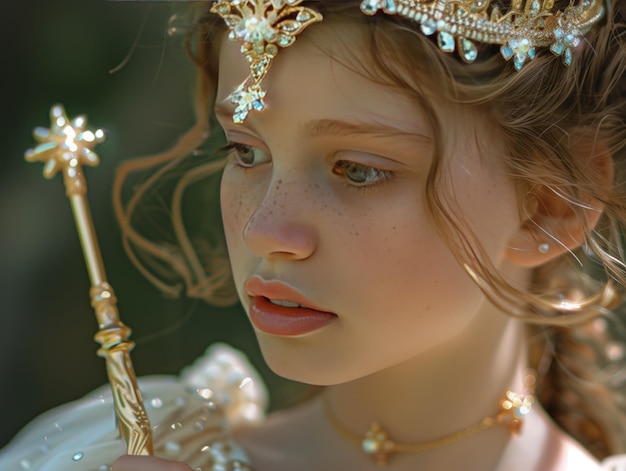 Photo enchanted young royalty a young fairytale princess with a golden crown and scepter gazing thoughtfully surrounded by a magical sunlit forest