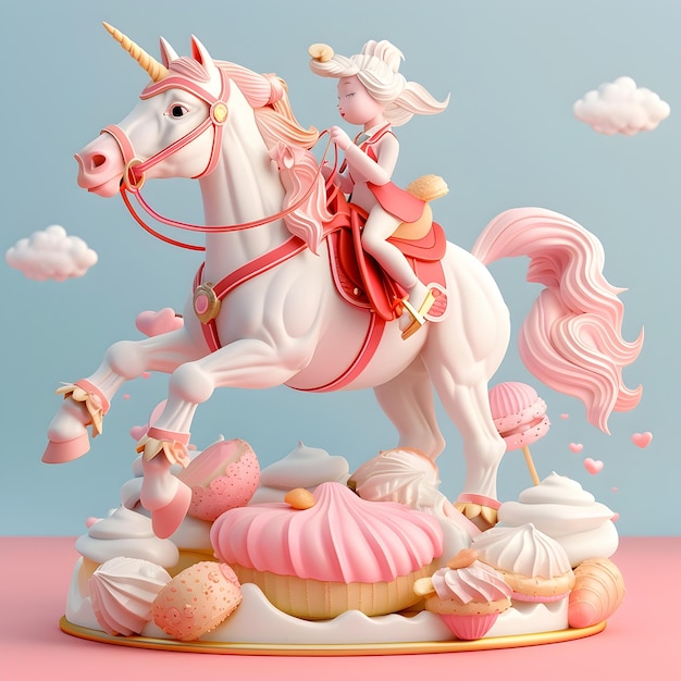 Enchanting 3D Rendered Pastel Carousel Horse Figurine on Cloud like Dessert Platform