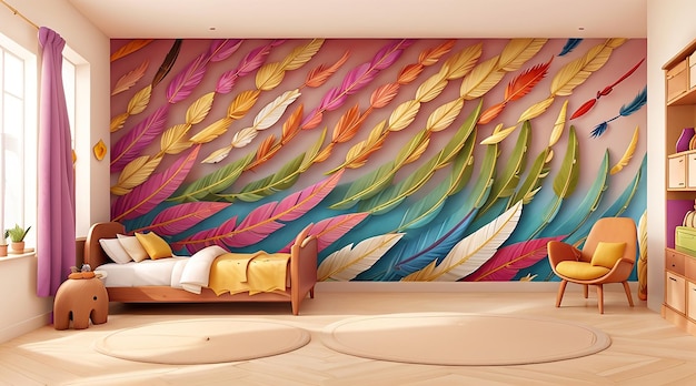 An enchanting abstract mural of feathers in a blend of vivid tones