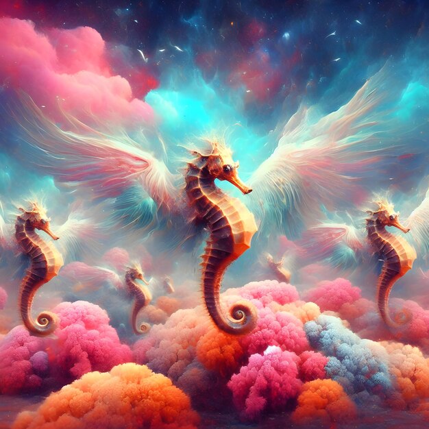 Enchanting Abyssal Skies Surreal Seahorses Soar Through a Submerged Dreamscape