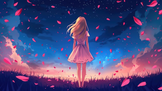 Enchanting animestyle illustration of a blonde girl under a starry night sky