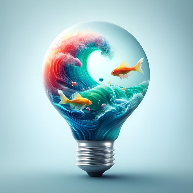 Enchanting Aqua Symphony A Spectacle of Vivid Waves Captured in a Bulb Featuring Playful Fish