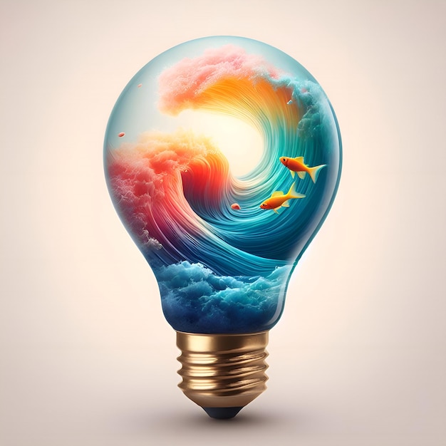 Enchanting Aqua Symphony A Spectacle of Vivid Waves Captured in a Bulb Featuring Playful Fish