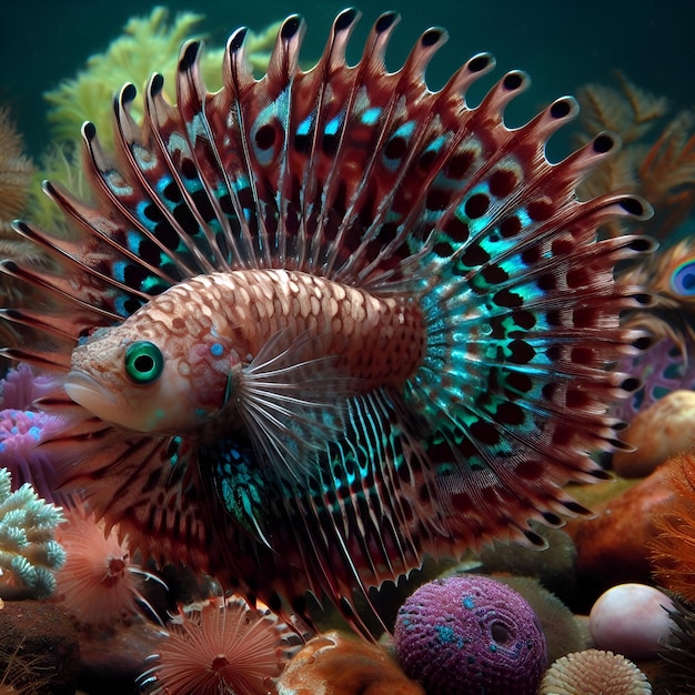 Enchanting Aquatic Symphony A Majestic Fish Cloaked in the Elegance of Peacock Plumage