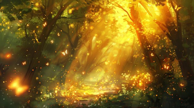 Enchanting Autumn Forest with Fireflies and Golden Sunlight Glow