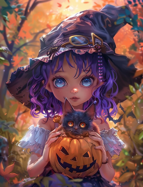 Enchanting Autumn Witch with Pumpkin Illustration