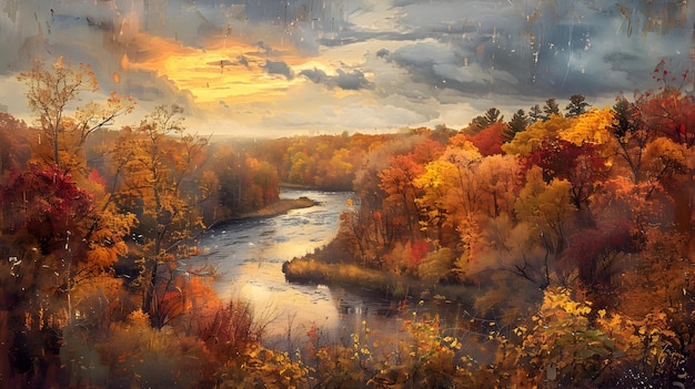 Enchanting Autumnal Woodland Landscape with Cascading River and Dramatic Cloudy Sky