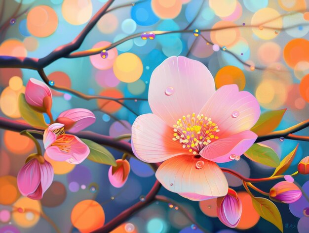 Photo enchanting blossoms glimmering with dew against a vibrant bokeh backdrop in springtime