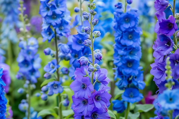 Photo enchanting botanical illustration showcasing a lush colorful garden filled with delphinium blooms