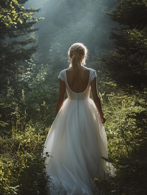 Photo enchanting bride in ethereal forest dreamy wedding photography