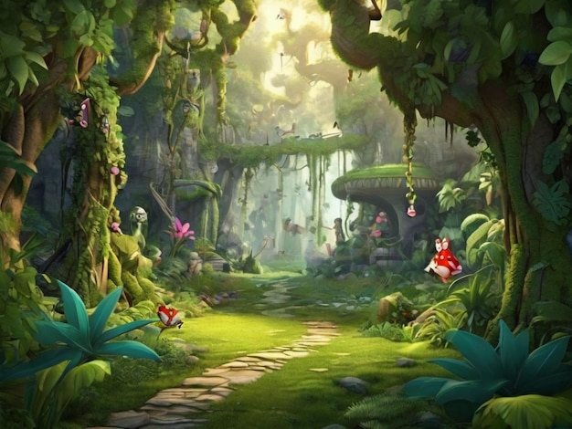 Enchanting Cartoon Jungle Wild Nature Adventure in Green Fantasy Forest