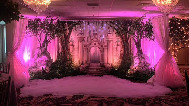 Photo enchanting castle backdrop with pink lighting and lush greenery