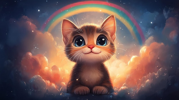 Photo enchanting cat under rainbow in dreamy cloudscape children illustration