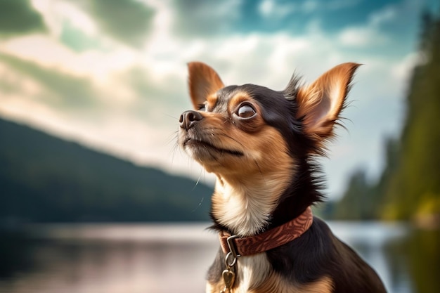 Enchanting Chihuahua Gazing Skyward against a Scenic Lake backdrop Generated Ai