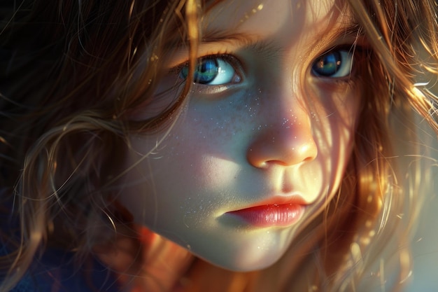 Enchanting child with blue eyes in golden light