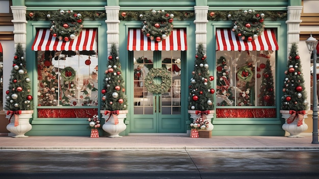 Enchanting Christmas Storefront Greens Red Bows Candy Canes and Festive Delight