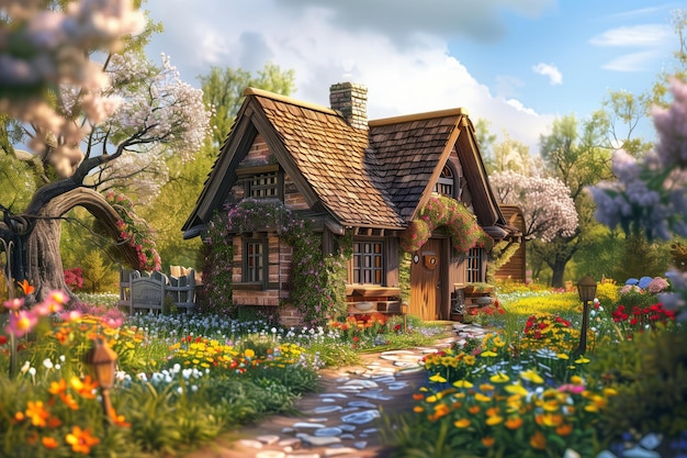 Enchanting cottage in blossoming spring garden