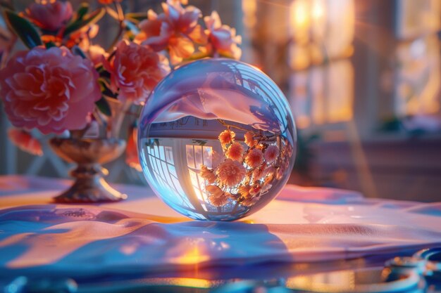 Photo enchanting crystal ball reveals a mystical reflection of blooming flowers at sunset