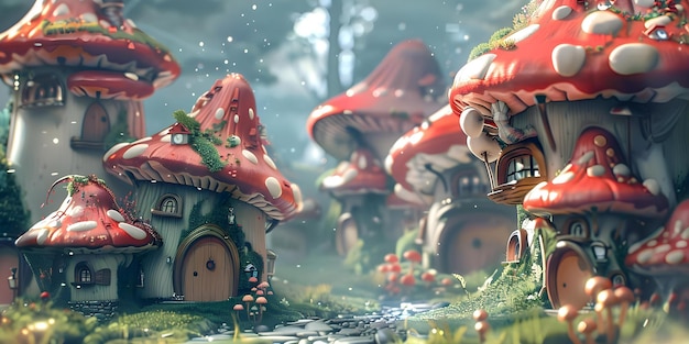 Enchanting digital painting of a whimsical mushroom village with adorable houses Concept Digital Painting Whimsical Mushroom Village Adorable Houses Enchanting