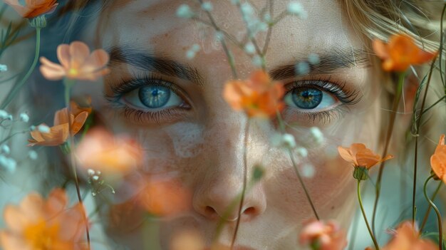 Photo enchanting double exposure portrait of a woman with vibrant flowers and mesmerizing blue eyes