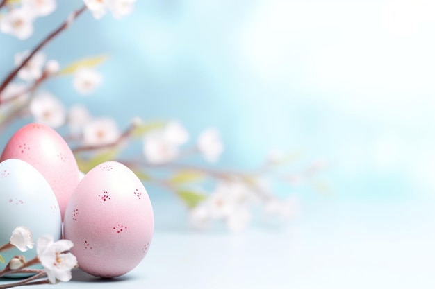 Enchanting Easter background with eggs flowers and copy space for text Soft pastel colors Tranquil and joyful scene Perfect for holidaythemed designs greeting cards Generative AI