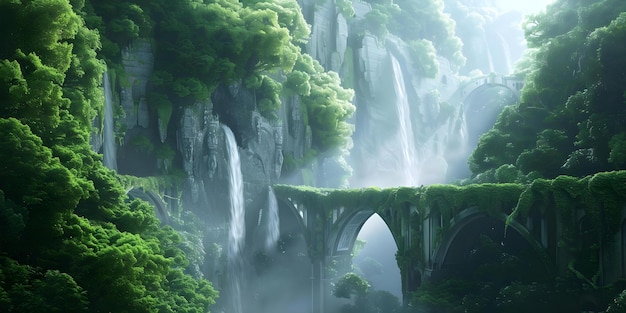 Enchanting Elven City Marble Palaces Arches Waterfalls and Lush Vegetation Concept Fantasy Location Elven Architecture Nature Setting Magical Ambiance