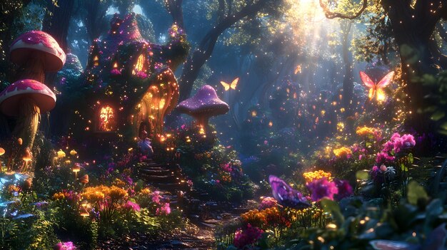 Photo enchanting fairy forest with glowing mushrooms and vibrant flowers in magical twilight landscape