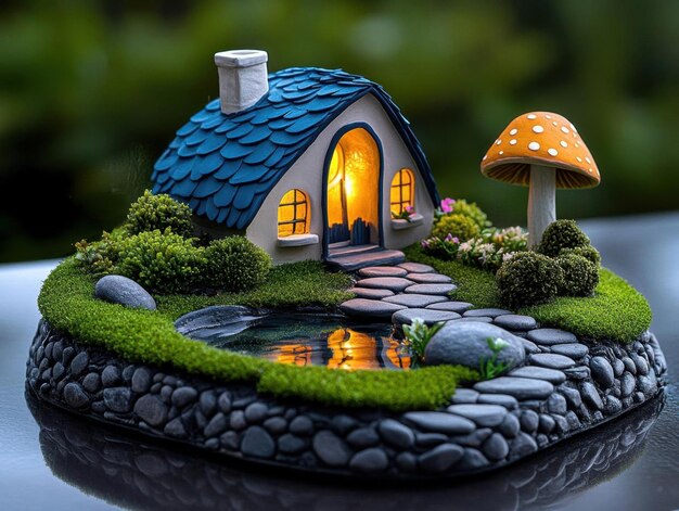 Enchanting fairy garden with miniature houses magical creatures whimsical charm mythical wonder pencil sketch highquality realistic sparkling pond toadstool mushrooms hidden pathways