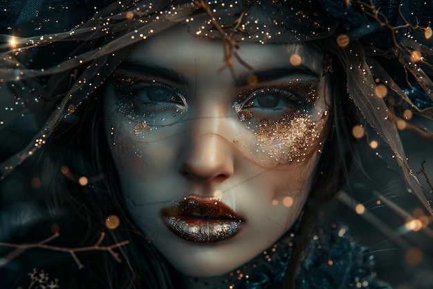 Enchanting Fairy Tale Queen with Sparkling Gold Glitter Lips in Dark Forest