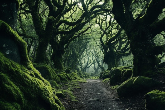 Enchanting fairytale forest with mosscovered trees