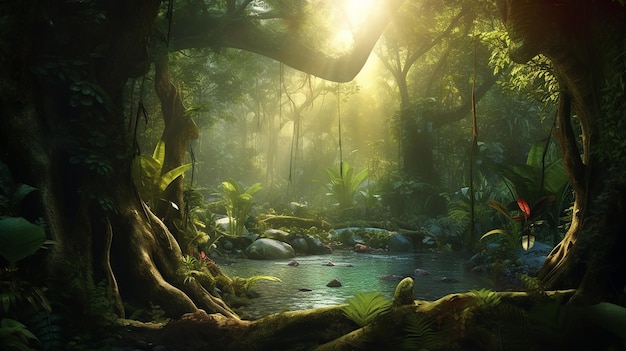 Enchanting Fairytale Rainforest with Sunbeams