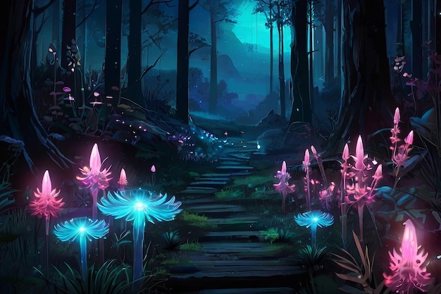 Enchanting fantasy forest art Bioluminescent plants glowing crystals fireflies Pandora like plan