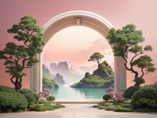 Enchanting Fantasy Landscape with a Portal Archway 3D Rendering Adventure