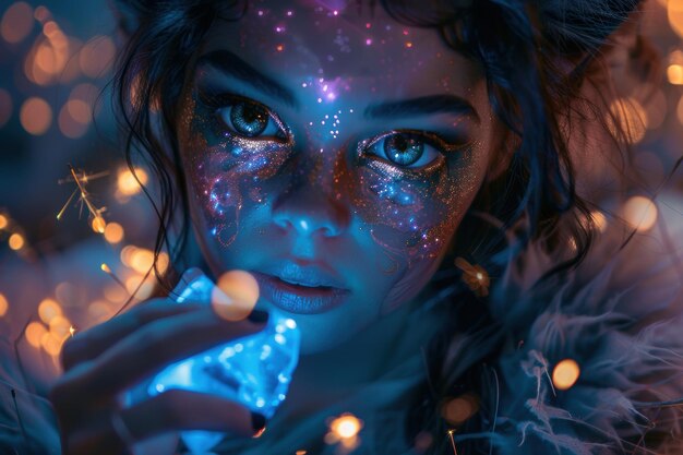 Photo enchanting figure cradles a magical crystal under a canopy of twinkling lights