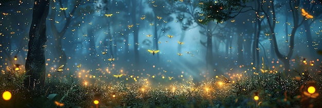 Photo enchanting firefly display in a forest