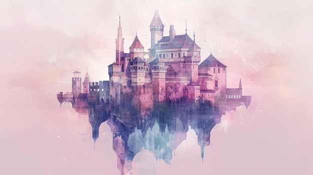 Enchanting floating castle in softdreamlike watercolor hues with highdetailed mythical architectureshowcasing a magical kingdom of whimsical fantasy and ethereal beauty