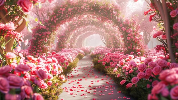 Photo enchanting floral archway in magical forest a captivating scene of a lush floral archway lead